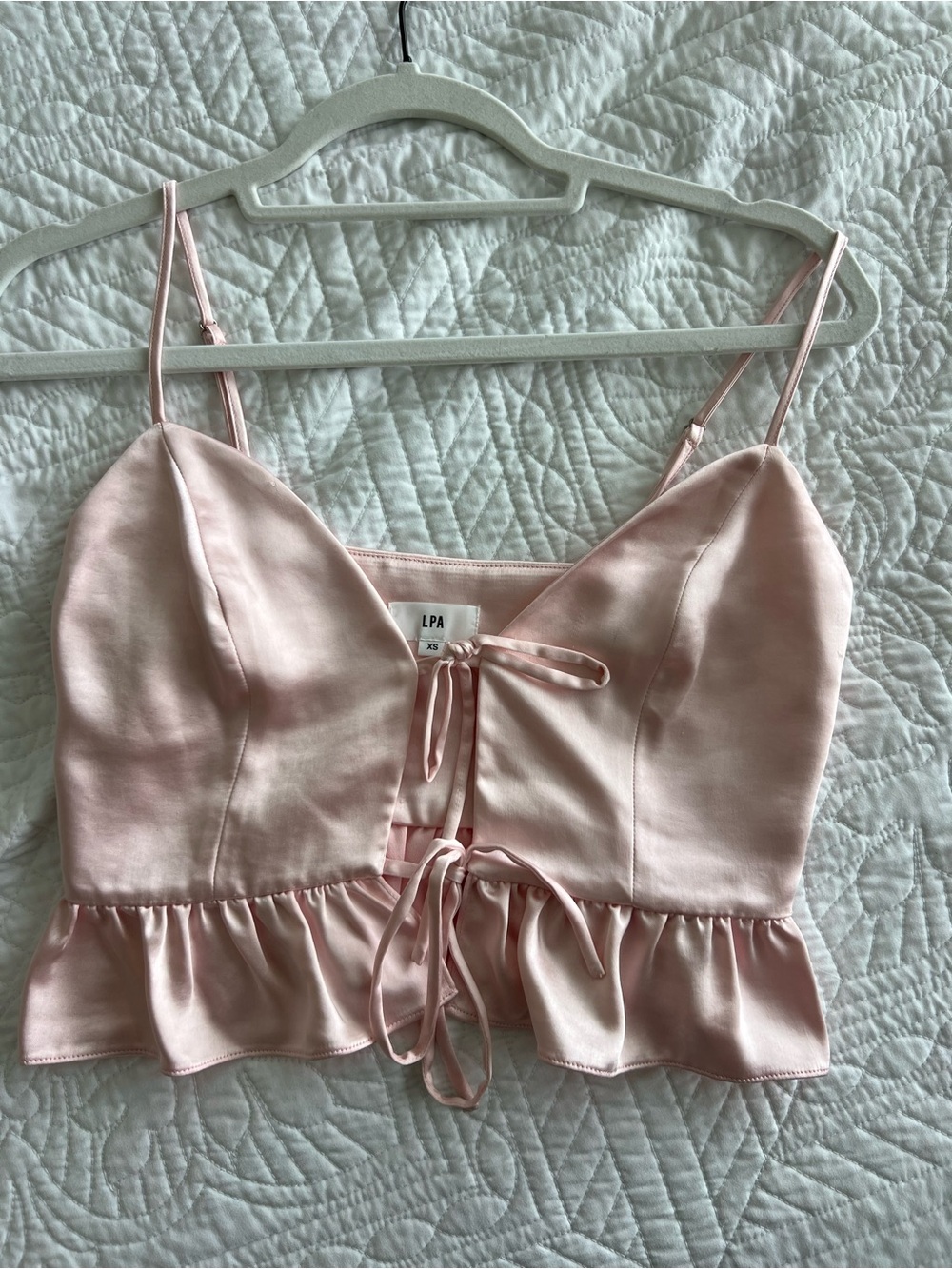 LPA Satin Pink Tie-Front Peplum Crop Top